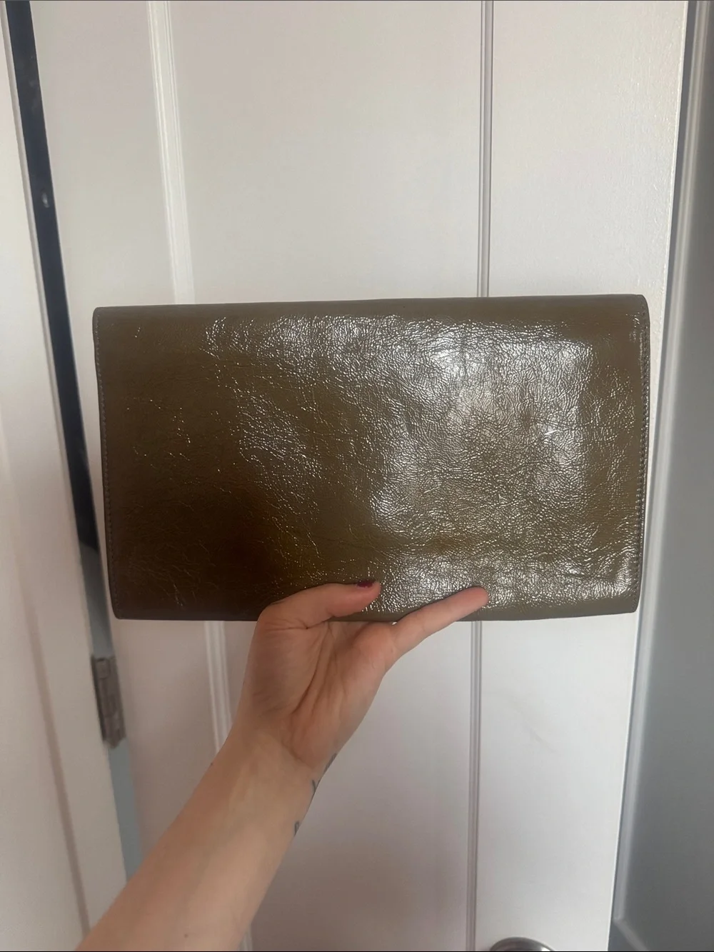 Saint Laurent Taupe/Grey/Olive Leather YSL Logo Clutch